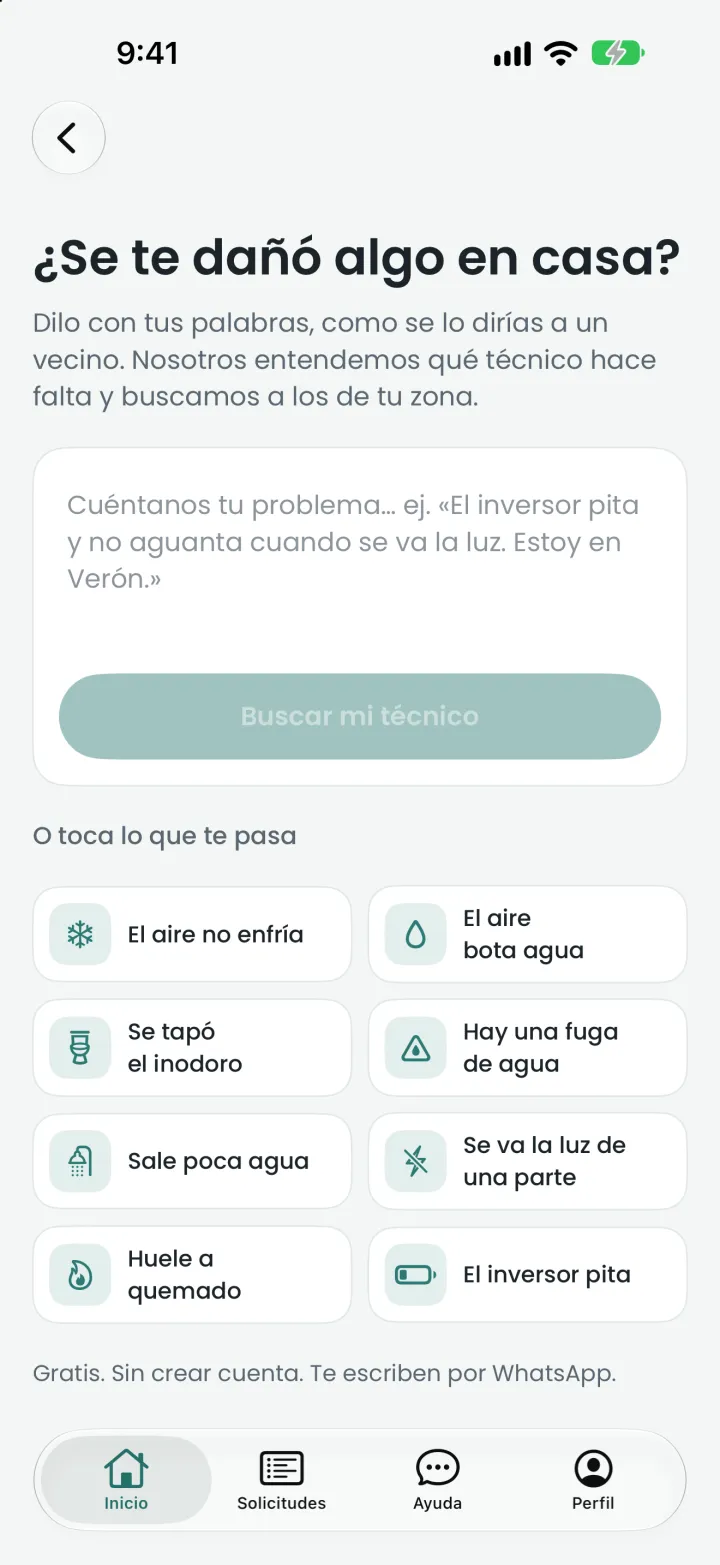 Pantalla para contar el problema con tus palabras